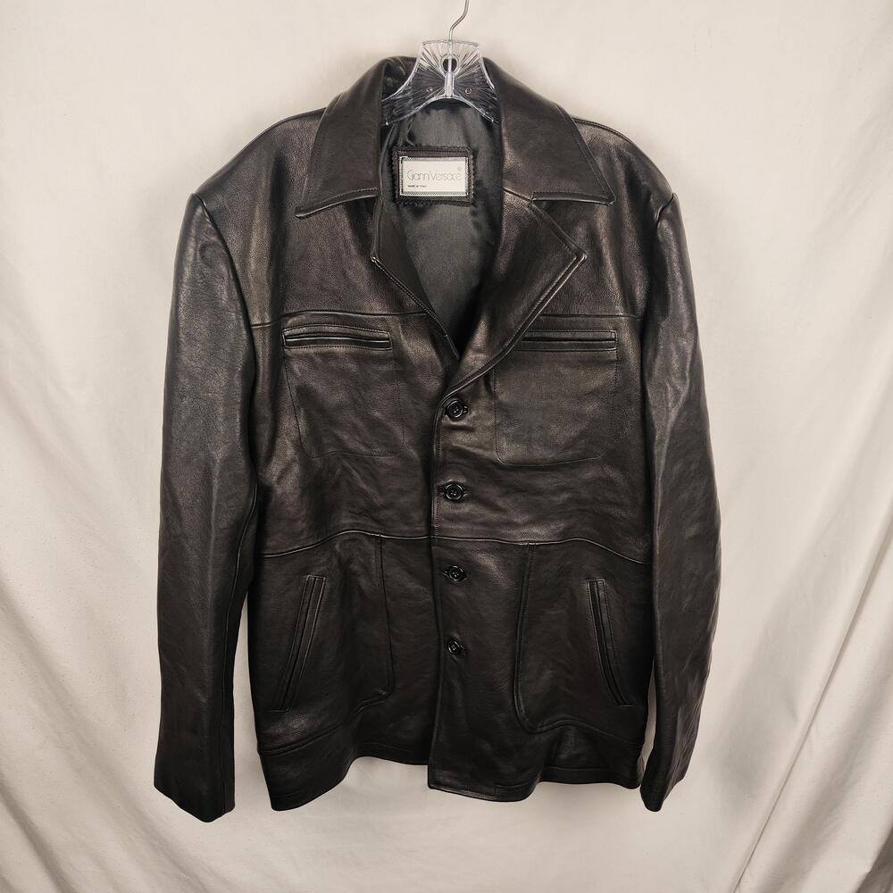 Vintage Gianni Versace Coat Mens Large Black Leather Overcoat Baroque Lined